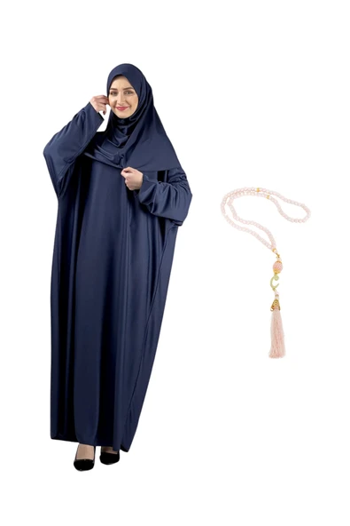 Zarif Namaz Elbisesi ve Türban Tesbih Set Tesettür Şal Müslüman Kıyafetleri Abaya  Navy Blue Tek Ebat ürün görseli 1