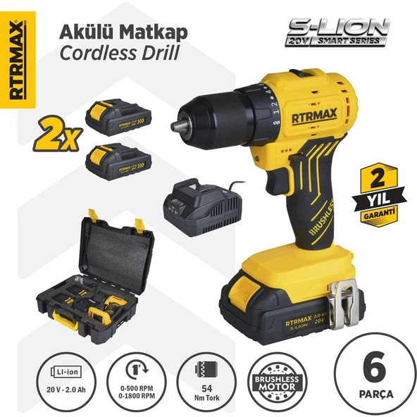 RTRMAX RTS5010 Şarjlı Matkap Kömürsüz 54 Nm 2x2 Ah 20V Çift Akü S-Lion - Akü Dahil ürün görseli 1