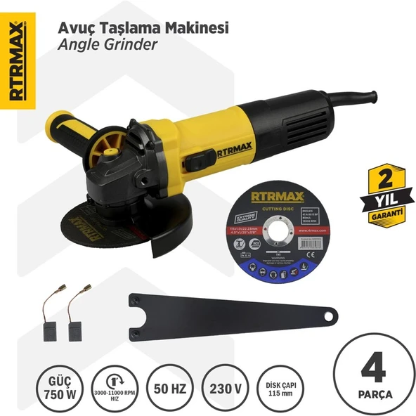 Rtrmax RTM1080 Avuç Taşlama Makinası 115 mm 750 W Devir Ayarlı ürün görseli 1