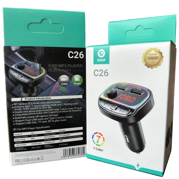 RGB Renkli Araba FM MP3 Çalar Kablosuz Bluetooth 5.0 C26 ürün görseli 1