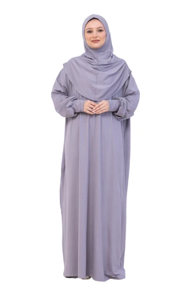 Tek Parça Namaz Elbisesi Seti, Viskon Yumuşak Tesettür Abaya, Rahat Hazır Şal Başörtüsü Takım  Gri Standart ürün görseli 1