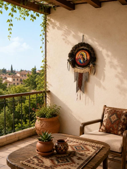 Kızılderili Deri Detaylı Tüylü Duvar Süsü  El Yapımı Bohem Otantik Salon Dekoru 48 x 28 cm ürün görseli 1