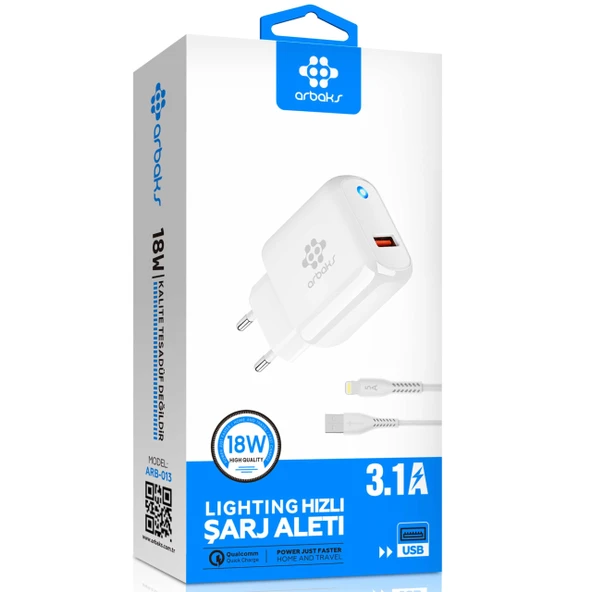 18W Lightning Hızlı Şarj Aleti 3.1A USB Adaptör Arbaks ARB-013 ürün görseli 1