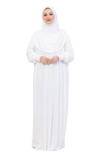 Tek Parça Namaz Elbisesi Seti, Viskon Yumuşak Tesettür Abaya, Rahat Hazır Şal Başörtüsü Takım  Krem Standart ürün görseli 1