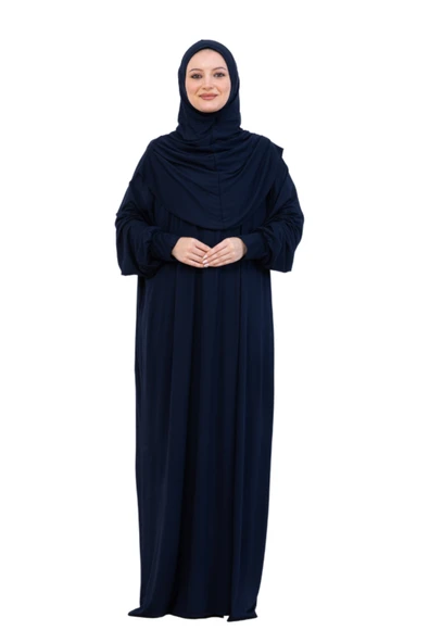 Tek Parça Namaz Elbisesi Seti, Viskon Yumuşak Tesettür Abaya, Rahat Hazır Şal Başörtüsü Takım  Lacivert Standart ürün görseli 1