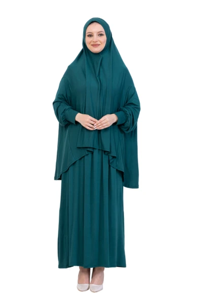 İki Parça Namaz Elbisesi – Uzun Pamuklu Tesettür Giyim Abaya & Başörtüsü Set  Zümrüt Standart ürün görseli 1