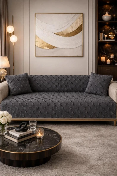 Konik Kırlent Kılıfı Hediyeli 170x210 cm Pamuklu Koltuk Örtüsü Antrasit ürün görseli 1