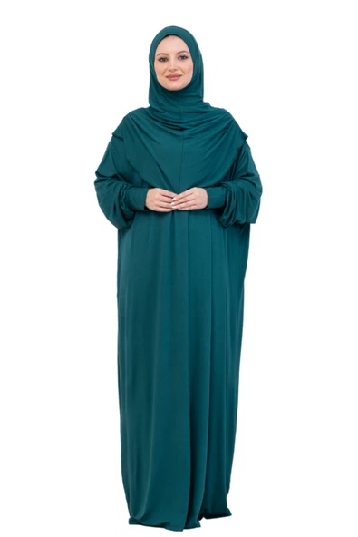 Tek Parça Namaz Elbisesi Seti, Viskon Yumuşak Tesettür Abaya, Rahat Hazır Şal Başörtüsü Takım  Zümrüt Standart ürün görseli 1