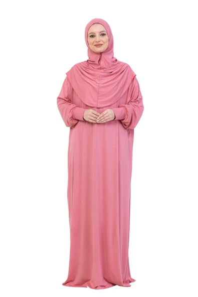 Tek Parça Namaz Elbisesi Seti, Viskon Yumuşak Tesettür Abaya, Rahat Hazır Şal Başörtüsü Takım  Gül Kurusu Standart ürün görseli 1