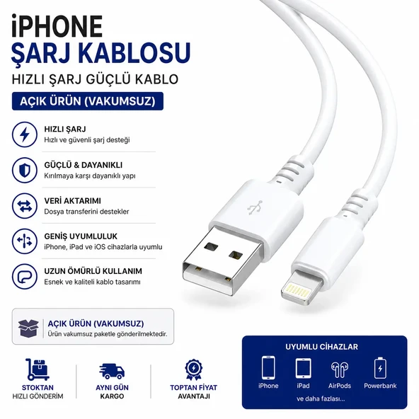 iPhone Şarj Kablosu Hızlı Şarj Güçlü Kablo (Vakumsuz Açık Ürün) ürün görseli 1