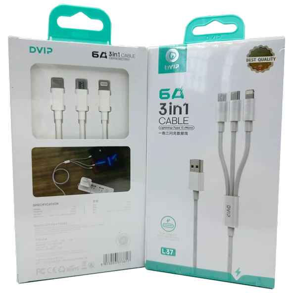 6A (iPhone-TYPE-C-Micro) 3 ü 1 Arada Şarj Kablosu Dvip L37 ürün görseli 1