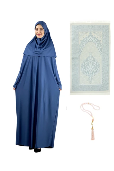 Namaz Elbisesi Eşarp Seccade Tesbih Set, İslami Giyim Takım Ferace Turban Şal  İndigo Tek Ebat ürün görseli 1
