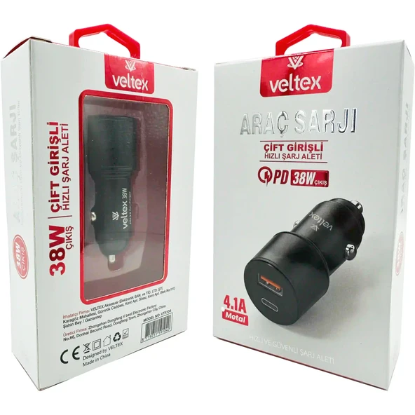 4.1A 38W PD + QC3.0 USB Hızlı Araç Şarj Metal Başlığı Veltex VTX-104 ürün görseli 1