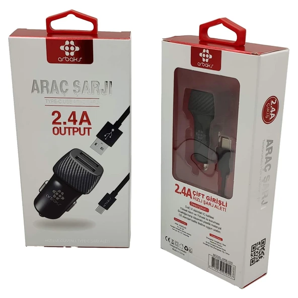 (TYPE-C) 2.4A Çift Girişli Araç Şarjı Arbaks ARB-029 ürün görseli 1
