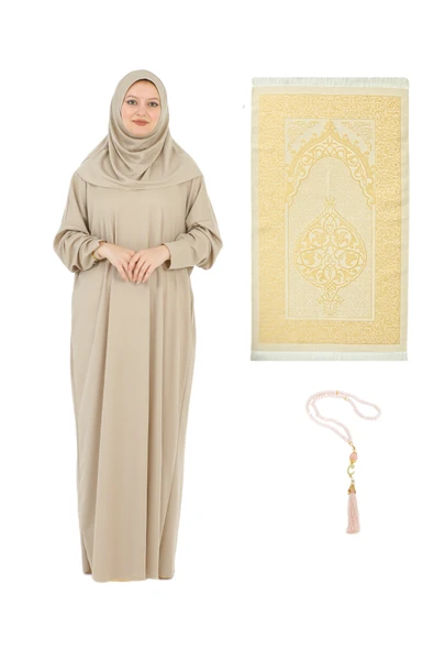 Namaz Elbisesi Eşarp Seccade Tesbih Set, İslami Giyim Takım Ferace Turban Şal  Gold Tek Ebat ürün görseli 1