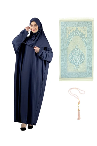 Namaz Elbisesi Eşarp Seccade Tesbih Set, İslami Giyim Takım Ferace Turban Şal  Koyu Lacivert Tek Ebat ürün görseli 1