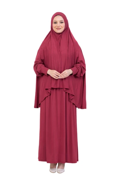 İki Parça Namaz Elbisesi – Uzun Pamuklu Tesettür Giyim Abaya & Başörtüsü Set  Kırmızı Standart ürün görseli 1
