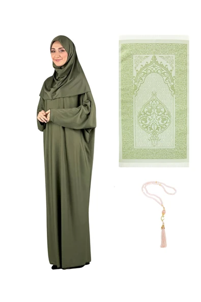Namaz Elbisesi Eşarp Seccade Tesbih Set, İslami Giyim Takım Ferace Turban Şal  Haki Tek Ebat ürün görseli 1