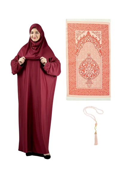 Namaz Elbisesi Eşarp Seccade Tesbih Set, İslami Giyim Takım Ferace Turban Şal  Kırmızı Tek Ebat ürün görseli 1