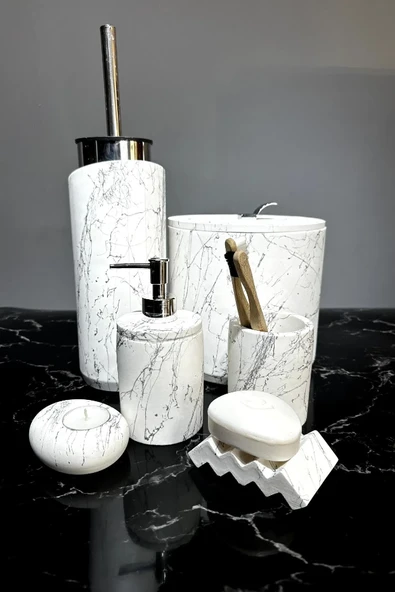 Betonmall 8'li Mermer Desenli Beton Banyo Seti Çöp Kovalı Tuvalet Wc Sıvı Sabunluk Diş Fırçalık Aksesuar Takım ürün görseli 1