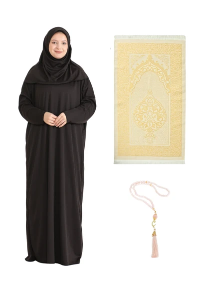 Namaz Elbisesi Eşarp Seccade Tesbih Set, İslami Giyim Takım Ferace Turban Şal  Brown Tek Ebat ürün görseli 1
