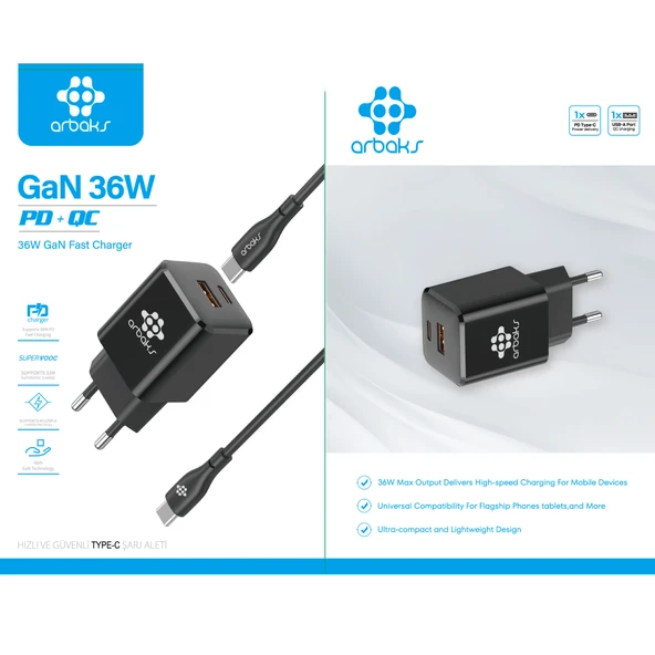 GaN Teknoloji 36W PD Type-C to Type-C Şarj Kablosu - ARB-016 Siyah ürün görseli 1