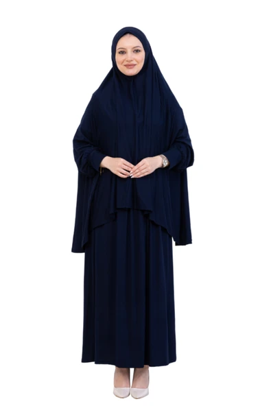 İki Parça Namaz Elbisesi – Uzun Pamuklu Tesettür Giyim Abaya & Başörtüsü Set  Lacivert Standart ürün görseli 1