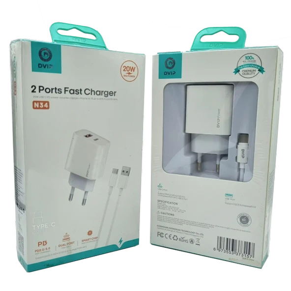 20W + 18W PD Çift Girişli Şarj Seti Usb Type-C DVIP N34 ürün görseli 1