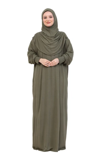 Tek Parça Namaz Elbisesi Seti, Viskon Yumuşak Tesettür Abaya, Rahat Hazır Şal Başörtüsü Takım  Haki Standart ürün görseli 1