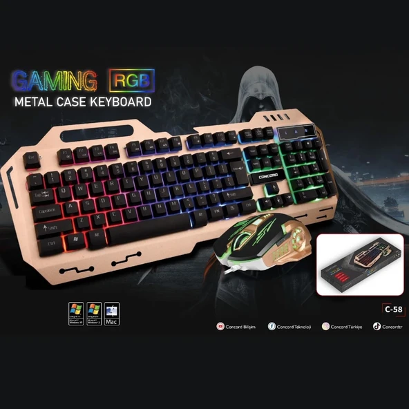 Aydınlatmalı Metal Kasa Q Gaming RGB Mouse Klavye Set Concord C-58 ürün görseli 1