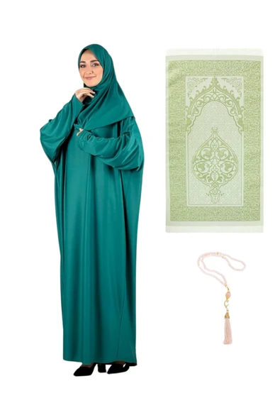 Namaz Elbisesi Eşarp Seccade Tesbih Set, İslami Giyim Takım Ferace Turban Şal  Yeşil Tek Ebat ürün görseli 1