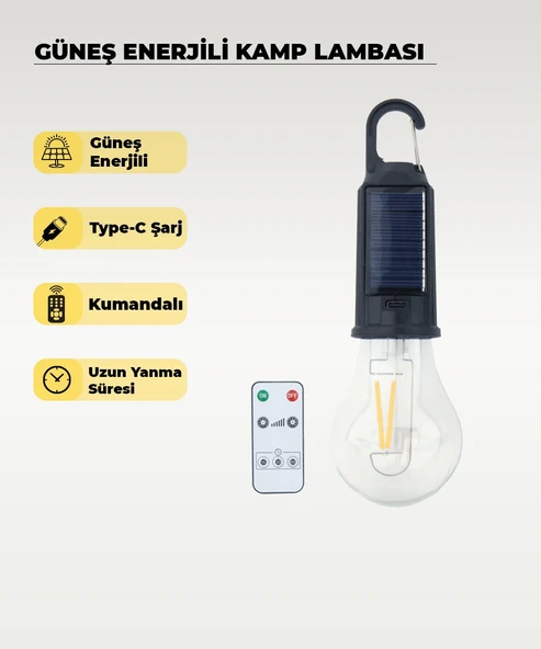 Güneş Enerjili Kamp Lambası Kumandalı LED Ampul Uzun Yanma Süreli Taşınabilir Aydınlatma ürün görseli 1