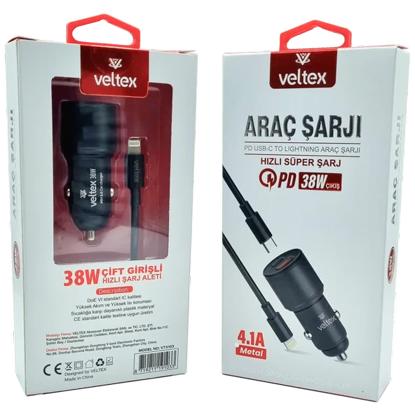 4.1A 38W PD To Lightning Metal Araç Şarj Aleti Veltex VTX-103 ürün görseli 1