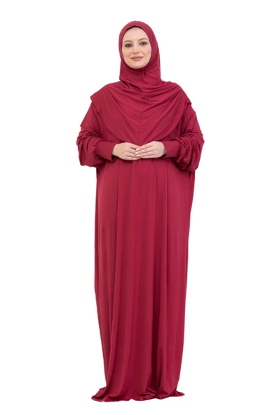Tek Parça Namaz Elbisesi Seti, Viskon Yumuşak Tesettür Abaya, Rahat Hazır Şal Başörtüsü Takım  Kırmızı Standart ürün görseli 1