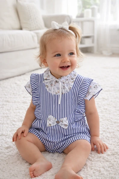 Kız Bebek Bayramlık Takım Marin Desen Salopet Bluz 12931 ürün görseli 1