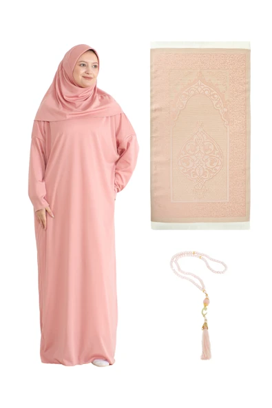 Namaz Elbisesi Eşarp Seccade Tesbih Set, İslami Giyim Takım Ferace Turban Şal  Powder Pink Tek Ebat ürün görseli 1