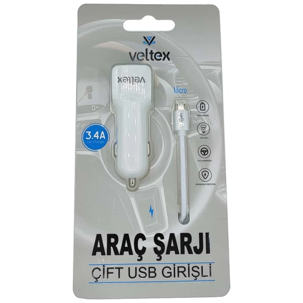 3.4A Çift Girişli (Micro) Kablolu Araç Şarj Aleti Veltex VTX-032 ürün görseli 1