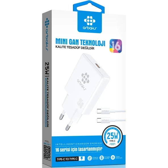 Mini GaN Teknoloji 25W Type-C to Type-C Hızlı Şarj Cihazı Arbaks ARB-015T ürün görseli 1