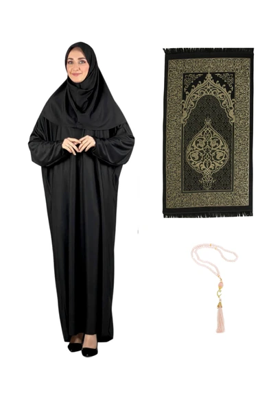 Namaz Elbisesi Eşarp Seccade Tesbih Set, İslami Giyim Takım Ferace Turban Şal  Siyah Tek Ebat ürün görseli 1