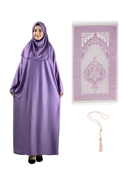 Namaz Elbisesi Eşarp Seccade Tesbih Set, İslami Giyim Takım Ferace Turban Şal  Lila Tek Ebat ürün görseli 1