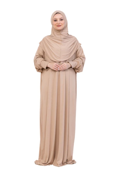 Tek Parça Namaz Elbisesi Seti, Viskon Yumuşak Tesettür Abaya, Rahat Hazır Şal Başörtüsü Takım  Koyu Vizon Standart ürün görseli 1