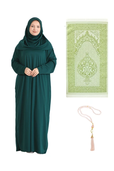 Namaz Elbisesi Eşarp Seccade Tesbih Set, İslami Giyim Takım Ferace Turban Şal  Zümrüt Tek Ebat ürün görseli 1