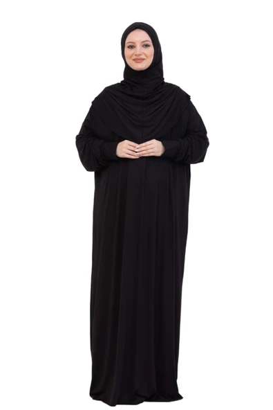 Tek Parça Namaz Elbisesi Seti, Viskon Yumuşak Tesettür Abaya, Rahat Hazır Şal Başörtüsü Takım  Siyah Standart ürün görseli 1