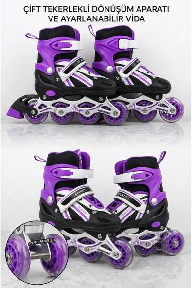 MooDum Ayarlanabilir Işıklı Alıştırma Pateni - Çift Tekerlekli Dönüşebilir In-Line Skates - Pembe ürün görseli 1