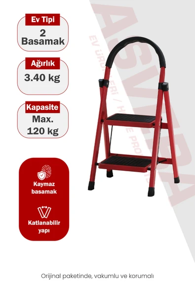 Asvera Patika 2 Basamaklı Kırmızı Ev Tipi Merdiven - Dekoratif Kaymaz Basamaklı Sağlam Merdiven ürün görseli 1