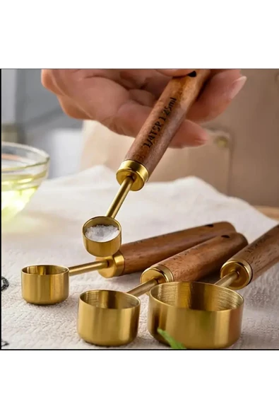 wisemhome 4 ADET KÜÇÜK BOY GOLD AHŞAP SAPLI ÖLÇÜ KAŞIĞI SOSLUK- SAP ÖLÇÜ ürün görseli 1
