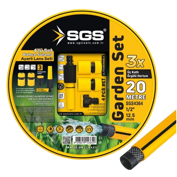 SGS SGS4364 Bahçe Sulama Hortumu Seti 20 Metre 1/2’’ Örgülü Hortum 4’lü Ayarlı Lans Seti ürün görseli 1