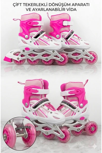 MooDum Ayarlanabilir Işıklı Alıştırma Pateni - Çift Tekerlekli Dönüşebilir In-Line Skates - Pembe ürün görseli 1