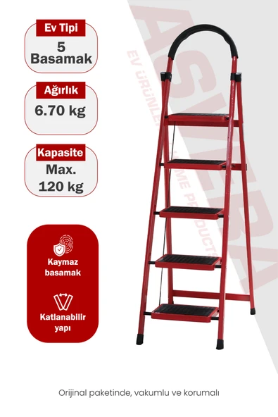 Asvera Patika 5 Basamaklı Kırmızı Ev Tipi Merdiven - Dekoratif Kaymaz Basamaklı Sağlam Merdiven ürün görseli 1