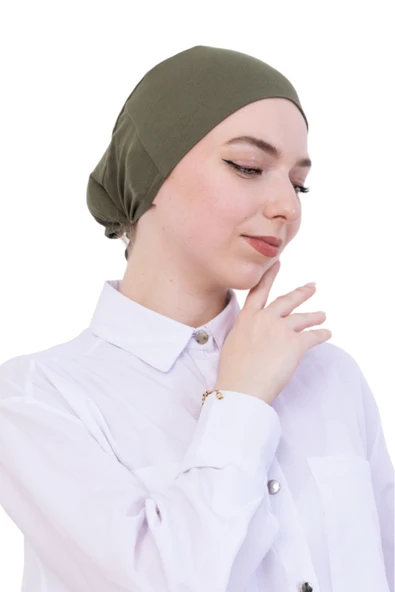 Pratik Bone Pamuklu Tesettür İç Bone, Başörtüsü İçin Hazır Viskon Şapka, Namaz Günlük Kullanım İçin  Haki Standart ürün görseli 1